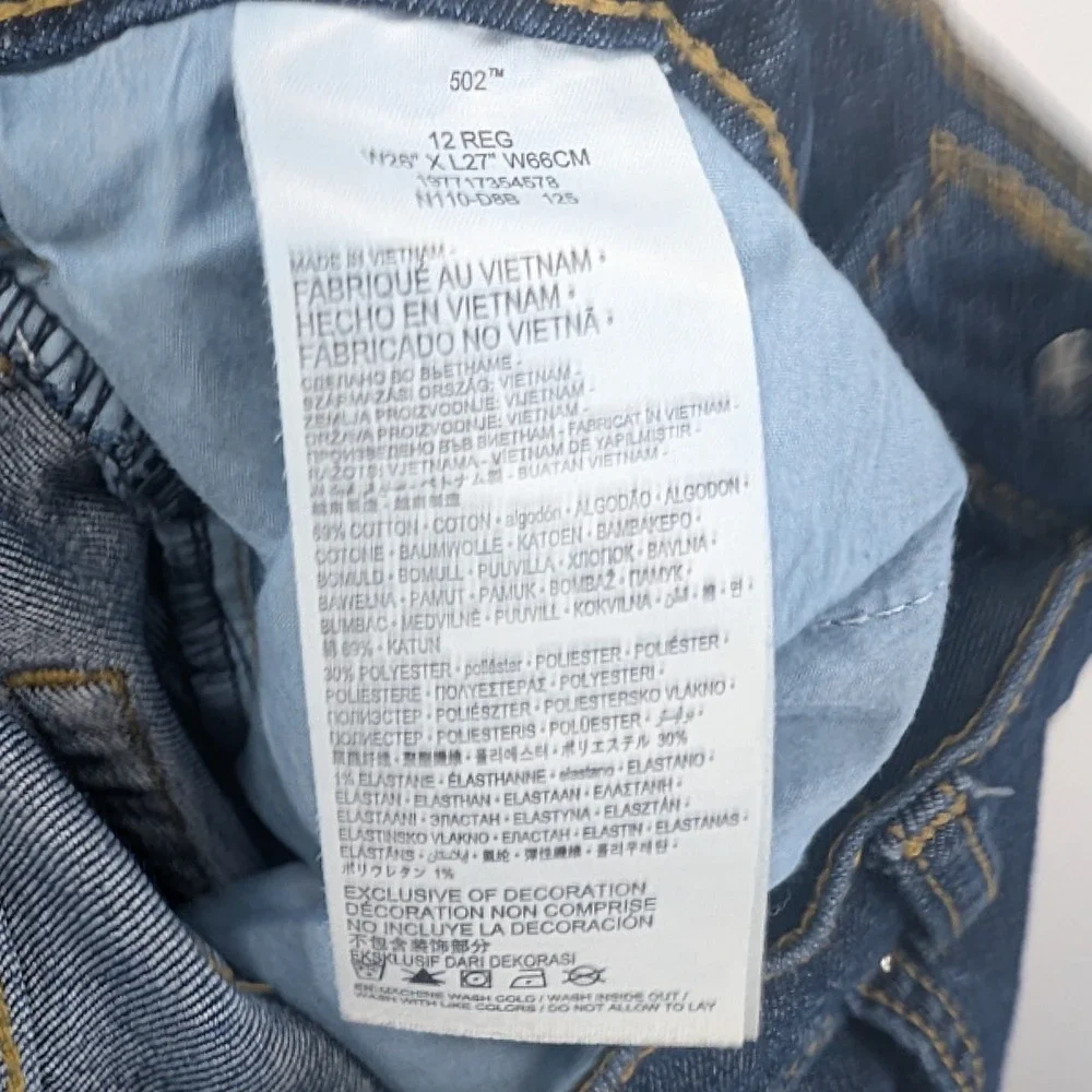 Levi's 502 Regular Taper Boys Jeans Size 12 Reg Dark Wash‎ Denim 26x27